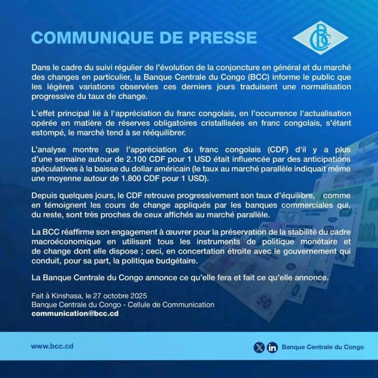 RDC : la Banque Centrale apaise les inquiétudes face aux récentes fluctuations du marché
