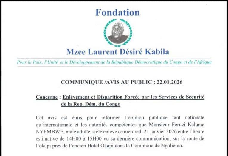 RDC : inquiétudes après l’enlèvement du coordonnateur de la Fondation Mzee Kabila